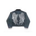 Angel Wings Retro Faded Black Denim Jacket