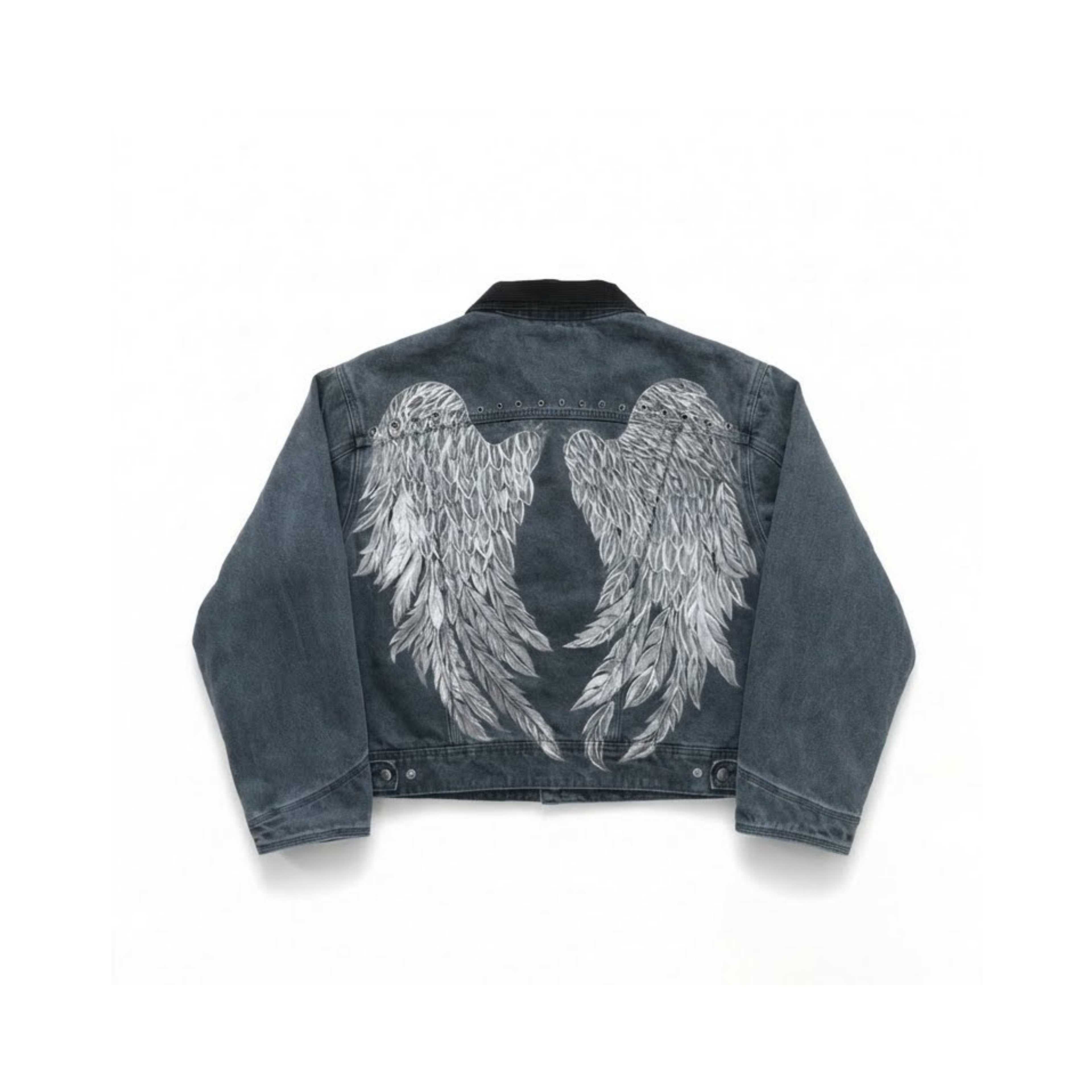 Angel Wings Retro Faded Black Denim Jacket