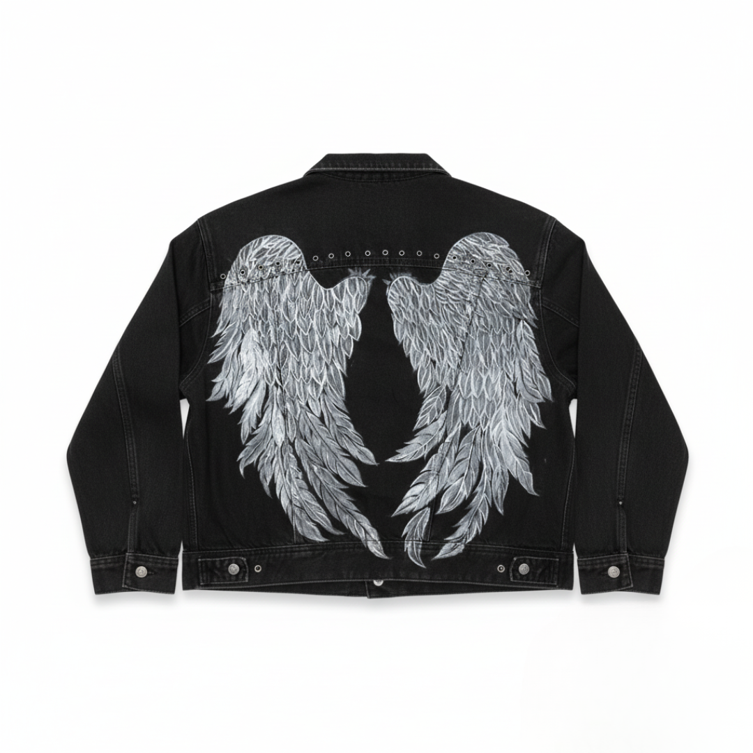 Wing" Hand-Painted Black Denim Jacket