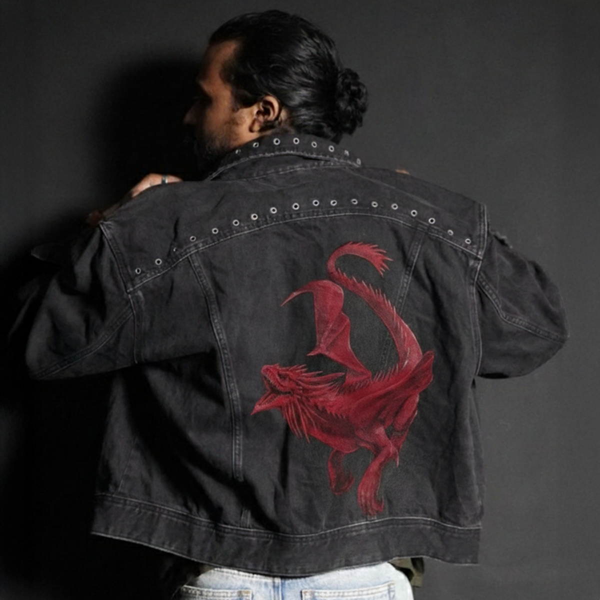 Hand Painted Red Dragon Denim Jacket