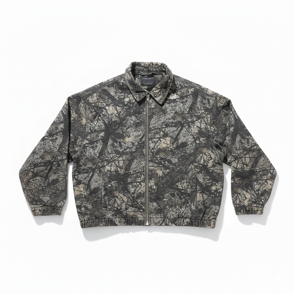 Men's Abstract Camo Print Denim Jacket with Zipper