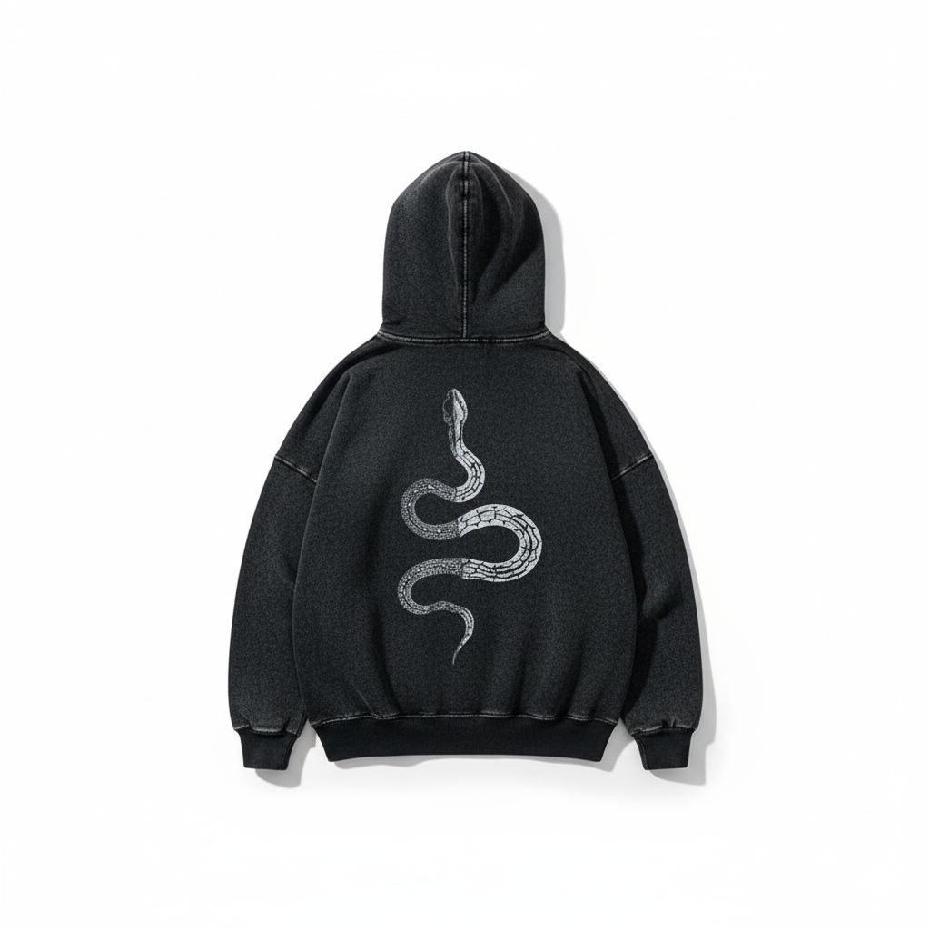 Black Acid Wash Hoodie – Serpent Spine Back Artwork