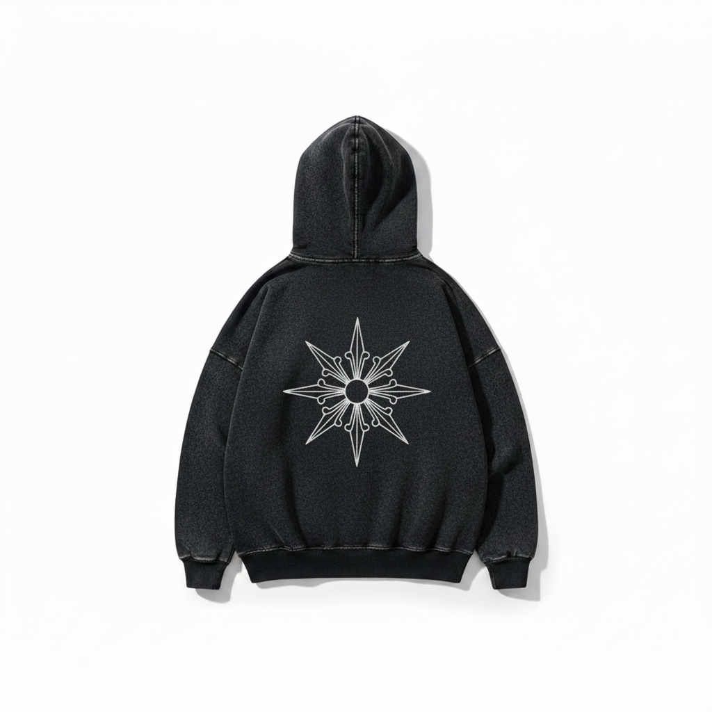 Black Acid Wash Hoodie – Compass Star Back Artwork