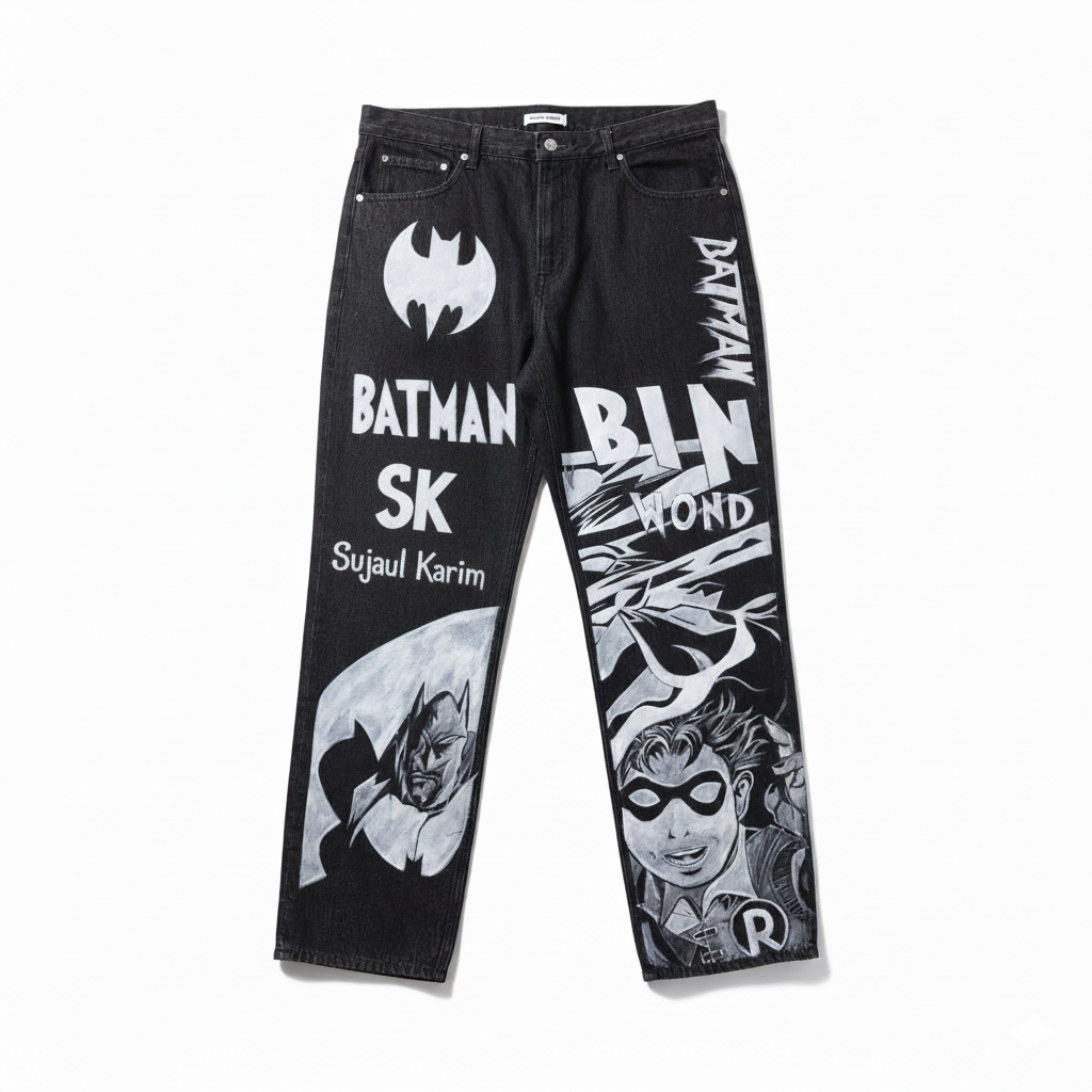 Custom Hand-Painted Batman & Robin Black Denim Jeans