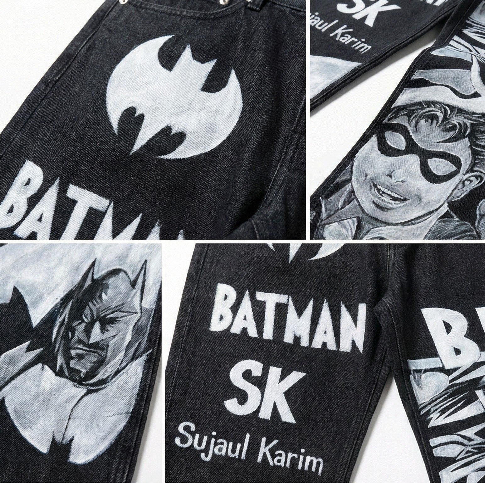 Custom Hand-Painted Batman & Robin Black Denim Jeans