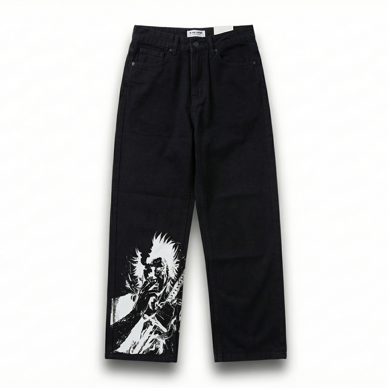 Distressed Figure Print Black Denim