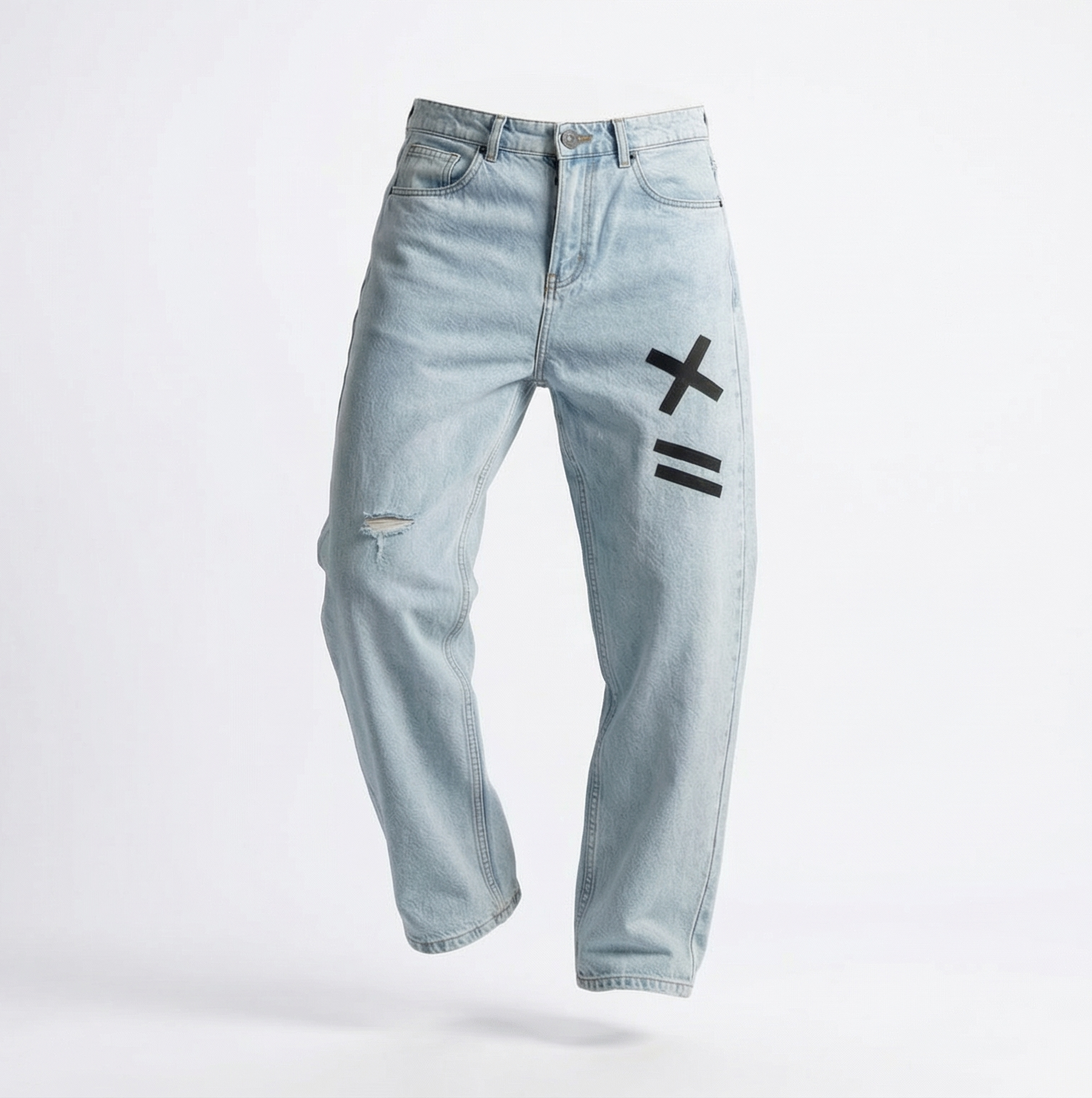 Light Wash Distressed Wide-Leg Jeans with Abstract