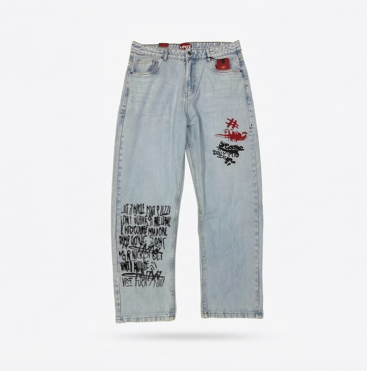 Light Wash Denim Jeans with Extensive Graffiti-Style Graphics"