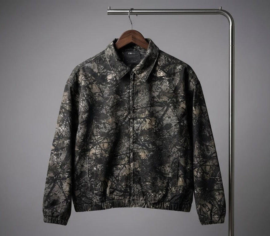 Men's Abstract Camo Print Denim Jacket with Zipper