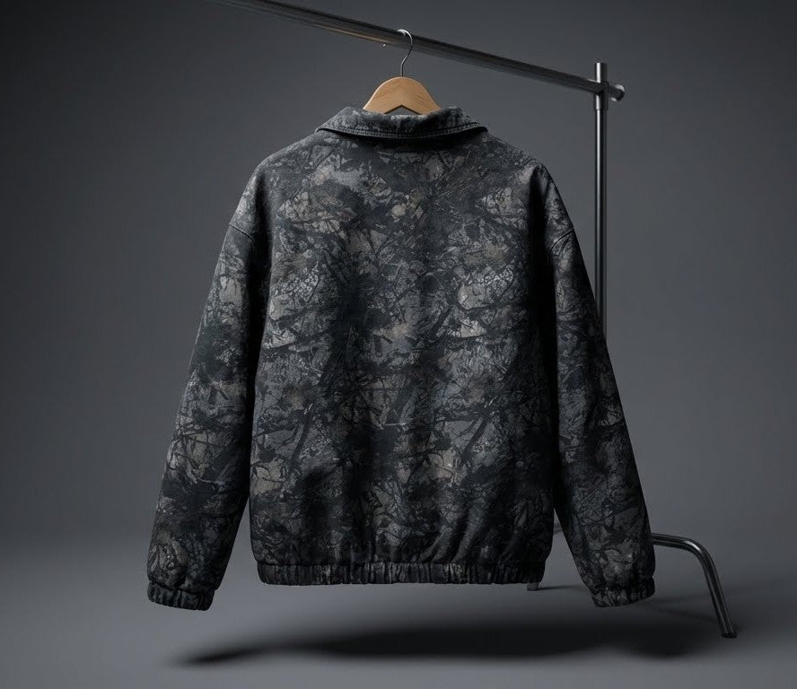 Men's Abstract Camo Print Denim Jacket with Zipper