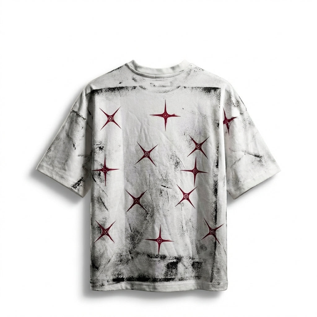 Ashen Cross "Shattered Stars" hand painted Tee - White/Crimson