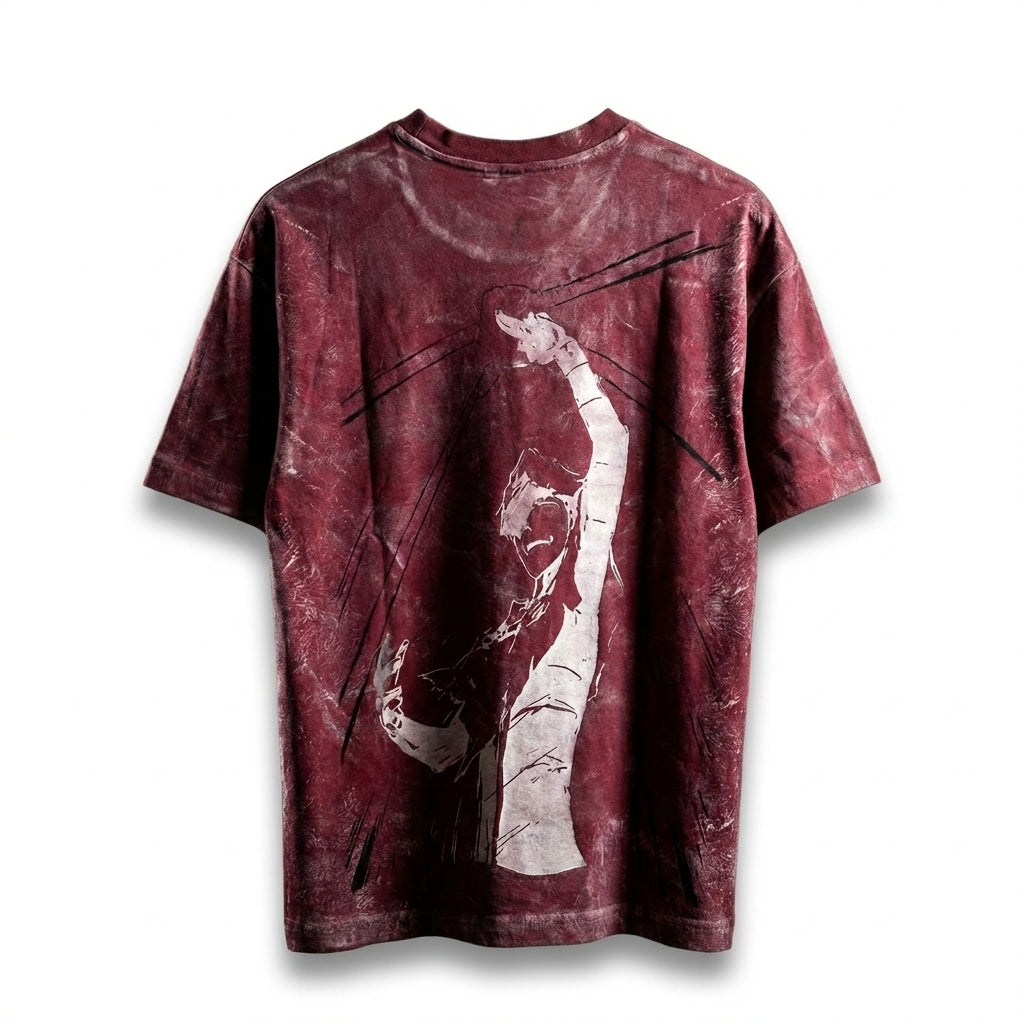 Cyber-Sigil & Soul" Anime hand-painted Tee - Deep Wine