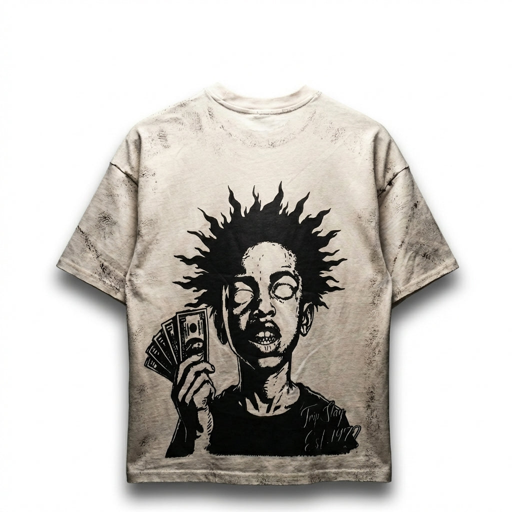 CLOTHINK "1972" Heritage Distressed hand-painted Tee - Sand/Charcoal