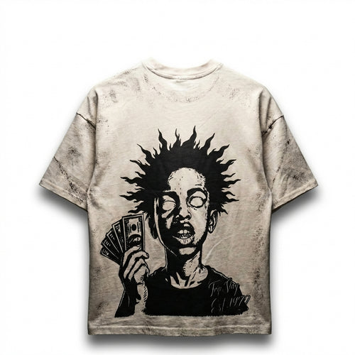 CLOTHINK "1972" Heritage Distressed hand-painted Tee - Sand/Charcoal