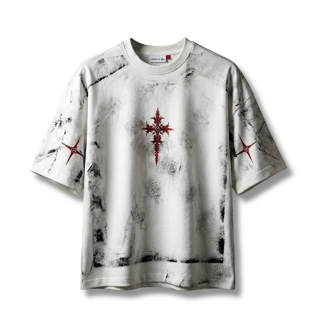 Ashen Cross "Shattered Stars" hand painted Tee - White/Crimson