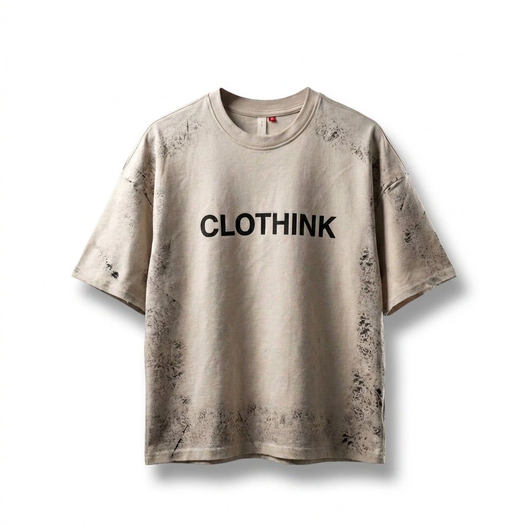 CLOTHINK "1972" Heritage Distressed hand-painted Tee - Sand/Charcoal