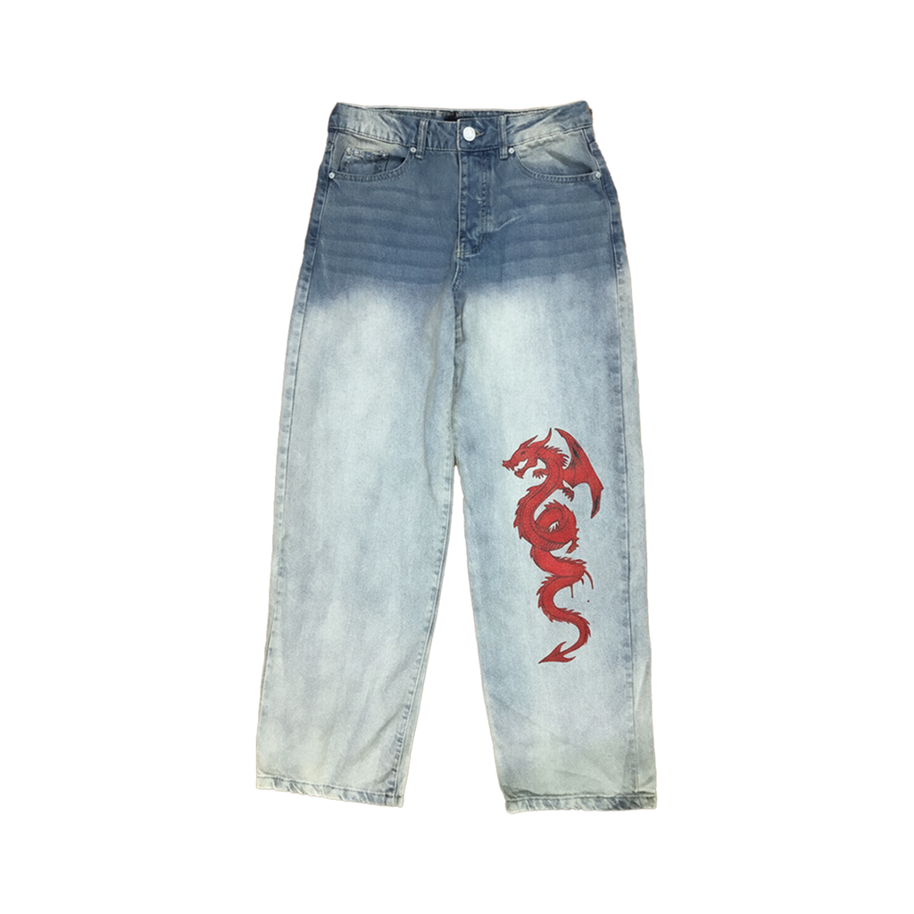 Hand-Painted Red Dragon Jeans